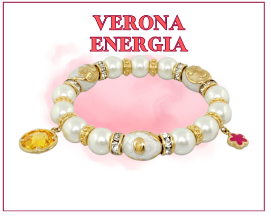 Crafted with semi-precious stone beads and accented with 18k gold-plated spacers w charm